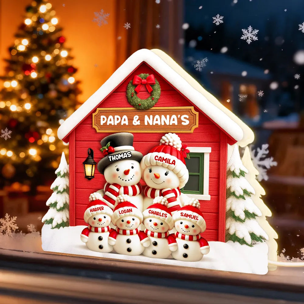 Personalized Acrylic Light Box with Snowman Family House, Cozy Christmas Décor and Unique Holiday Gift for Parents Grandparents