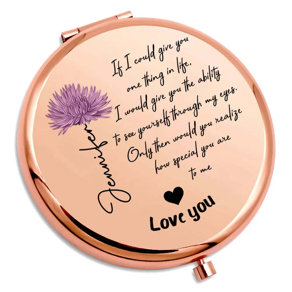 Personalized Metal Compact Mirror with Love Quote, Floral Script Design, Unique Gift for Her to Feel Seen & Loved