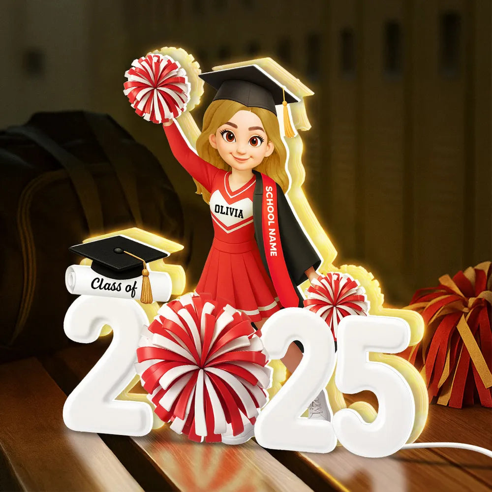 Personalized Acrylic Light Box Graduation Décor with Cheerleader Design & Warm Glow – Unique Gift for Class of Grad