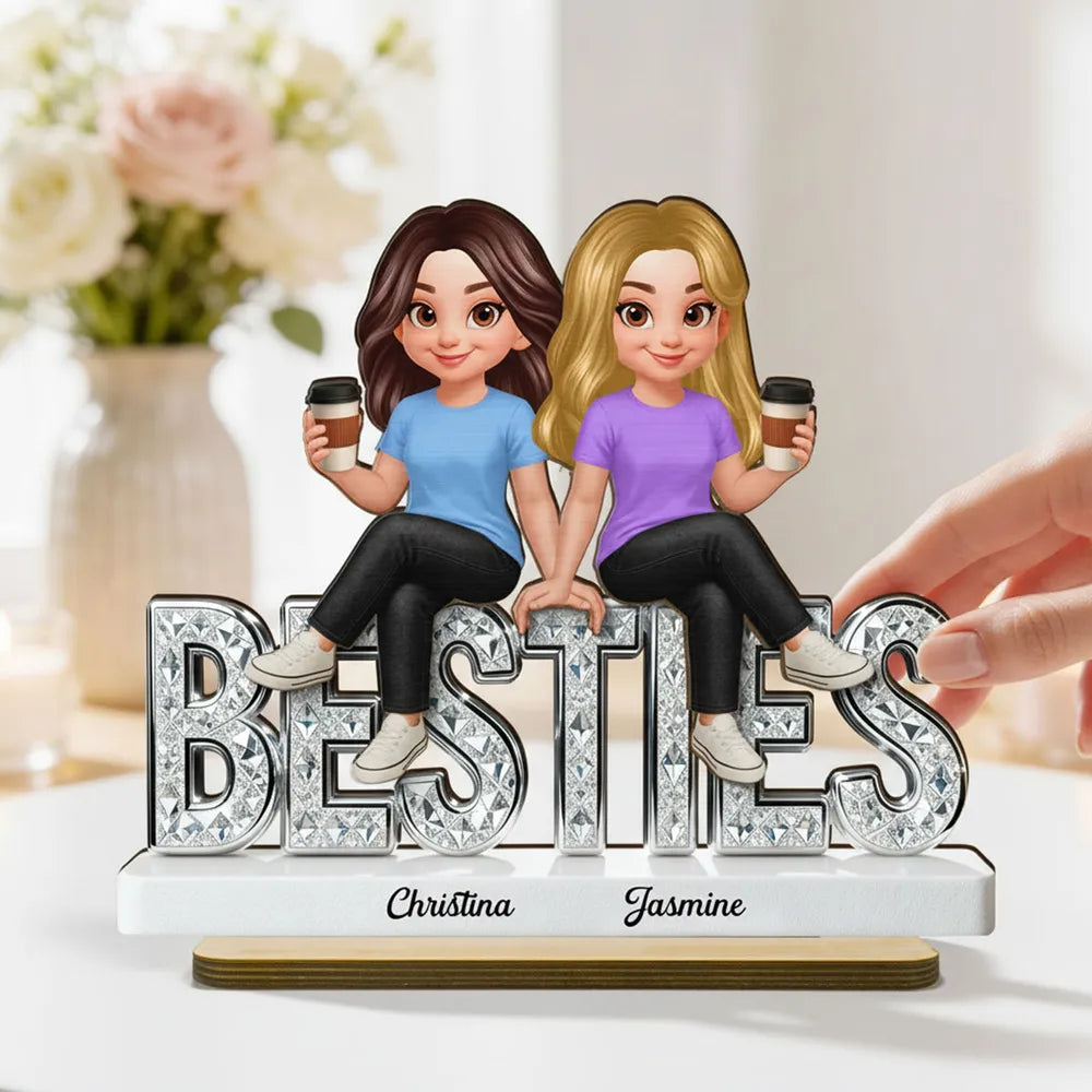 Personalized Besties 2-Layer Wooden Plaque, Cute Cartoon Best Friends Holding Coffee, Unique Gift for Best Friend