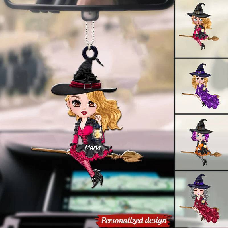 Car Ornament - Witch Riding Broom - Personalized Halloween Gift