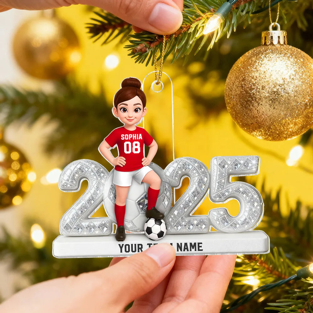Acrylic Ornament - Custom Soccer Player with Ball, Stadium Lights & Snowflakes - Unique Gift for Players & Coaches