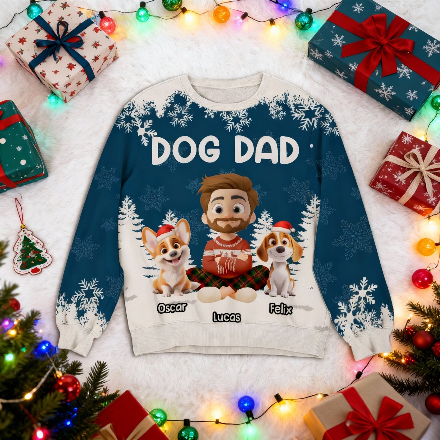Personalized Dog Dad Printed Sweatshirt with Custom Cartoon Man and Puppy, Cozy Christmas Gift for Proud Pet Lovers