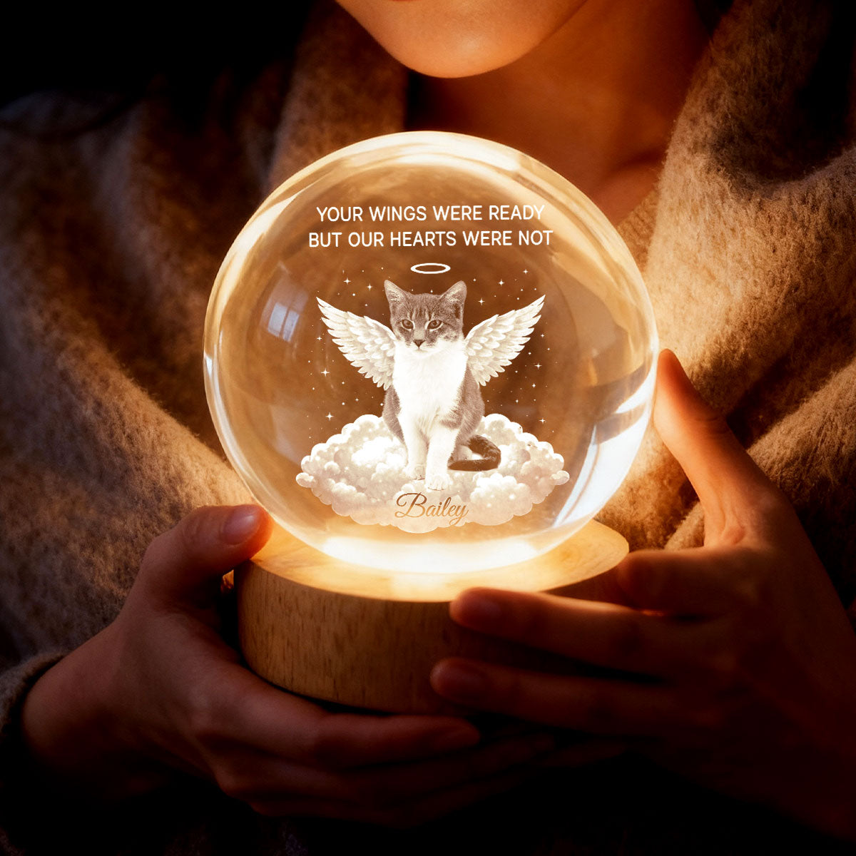 Personalized Crystal Ball LED Night Light Pet Memorial Gift, Angel Wings Quote, Warm Glow Bedside Keepsake