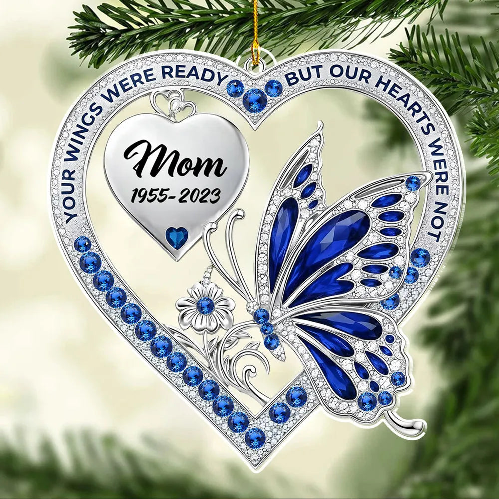 Personalized Acrylic Ornament for Mom Memorial with Blue Butterfly & Heart – Unique Remembrance Gift & Festive Decor