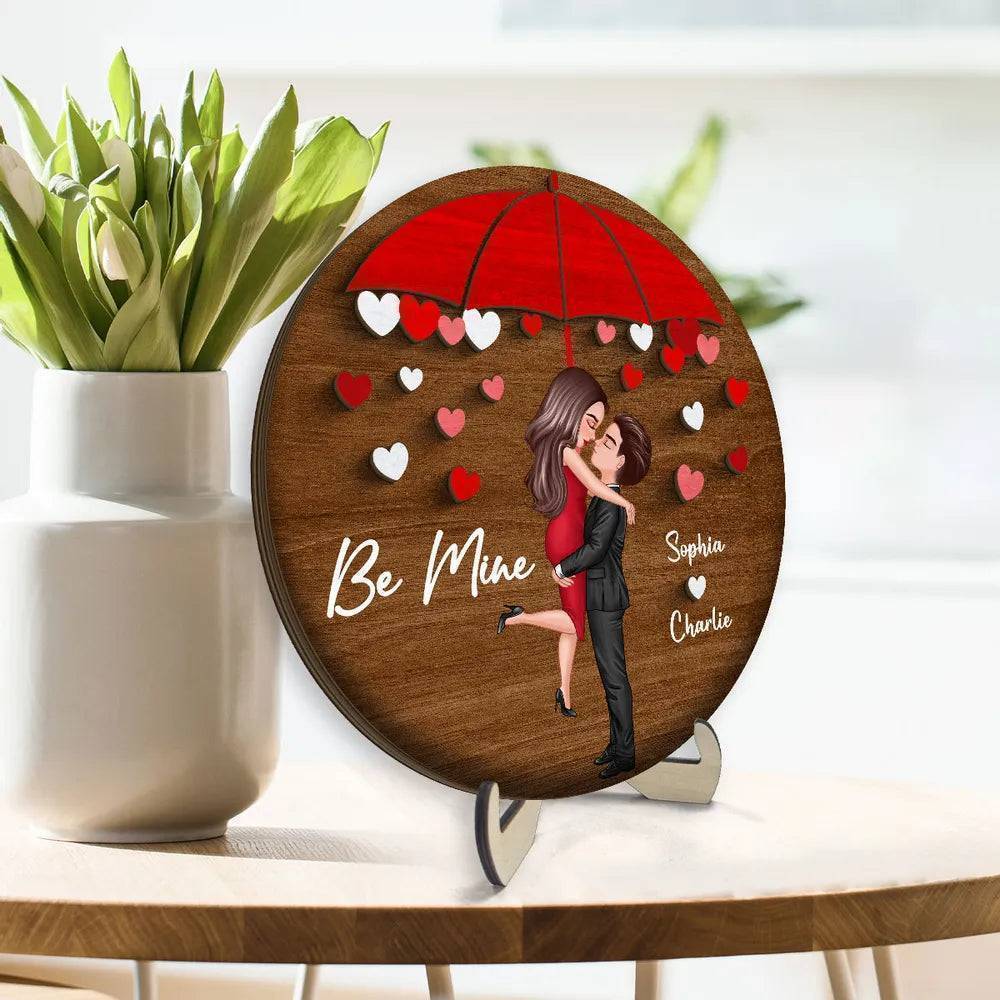 Rainy Romance - 'Umbrella Kiss' Personalized Wooden Plaque - A Cherished Gift for Couples on Anniversaries & Valentine's