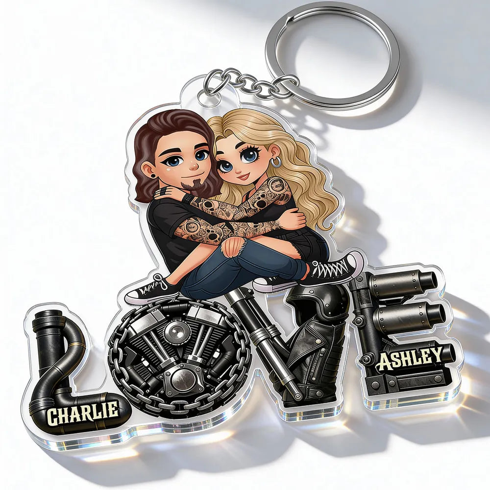 Personalized Biker Couple Acrylic Keychain Cute Cartoon Hugging Riders Cool Accessory Unique Gift for Him or Her