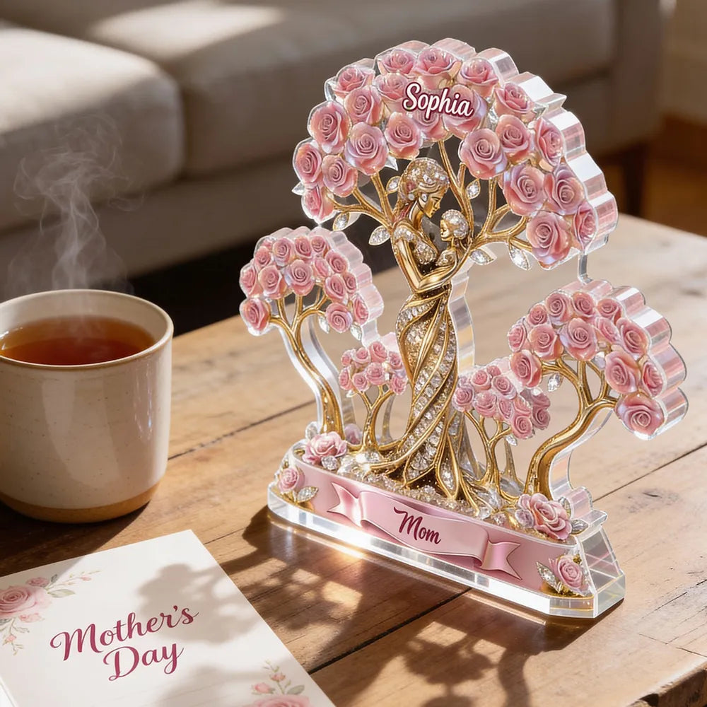 Personalized Shaped Acrylic Block Plaque with Mom and Child Under Rose Trees, Unique Heartfelt Gift for Mom