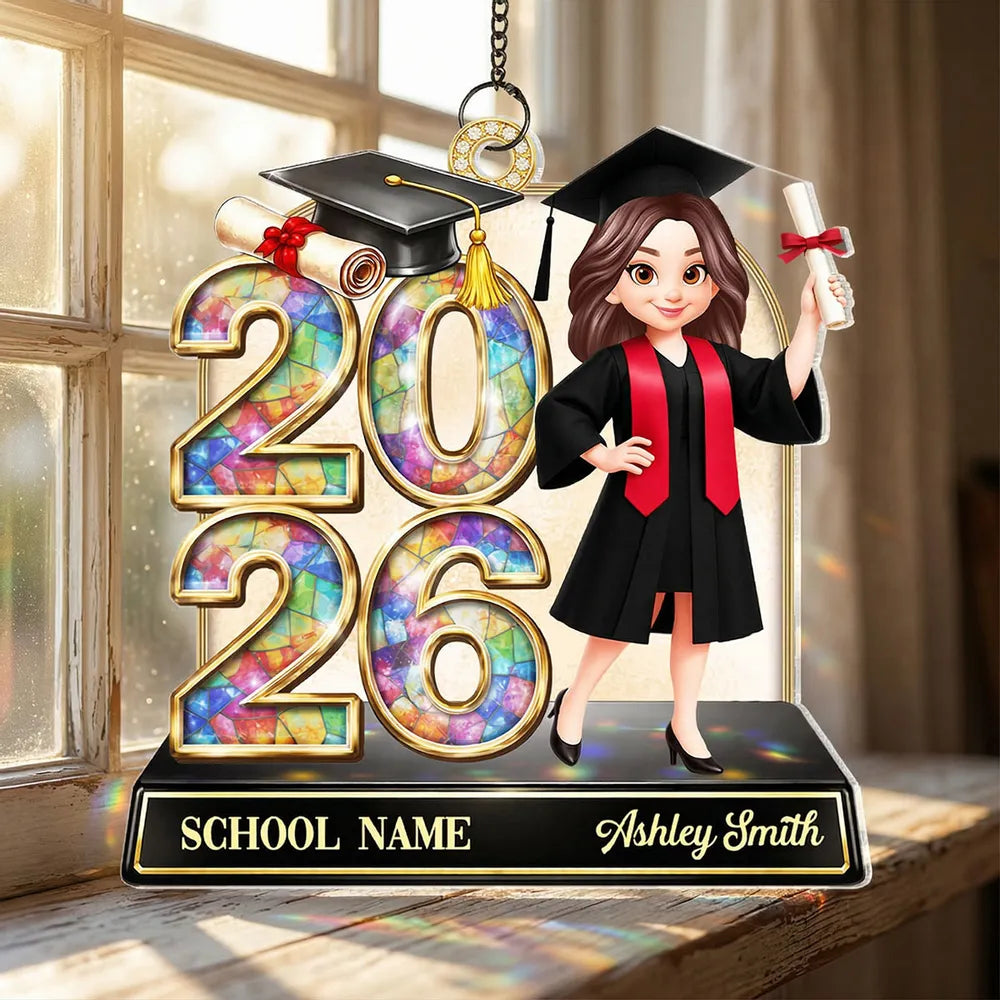 Personalized Class of Graduation Acrylic Suncatcher Ornament for Daughter Son, Cap and Diploma Design, Unique Gift
