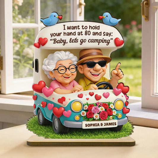 Personalized 2-Layer Wooden Plaque Cute Cartoon Couple in Camper Van 'Baby, let's go camping' Unique Gift for Him or Her