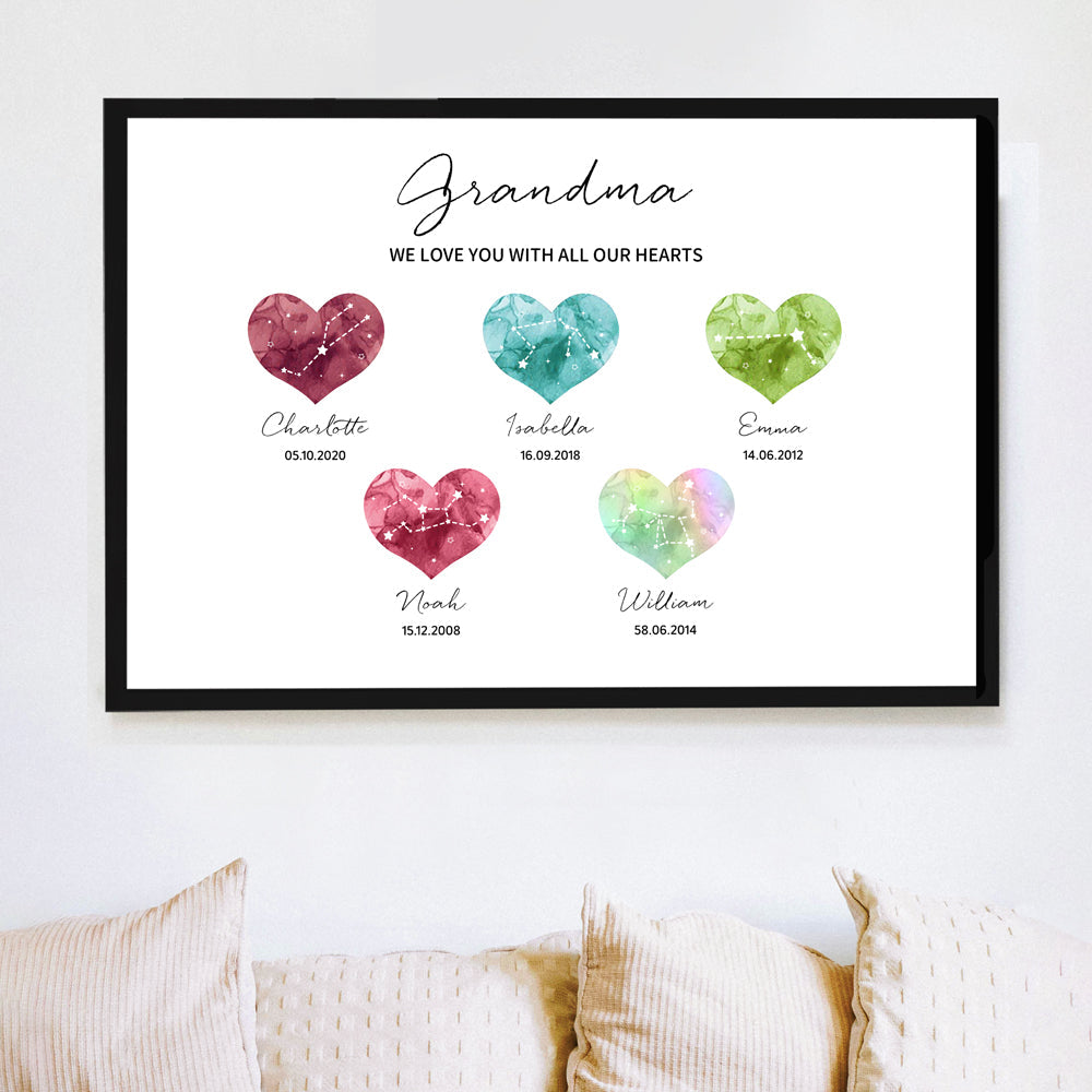 Grandma - A Heartfelt Thank You – LED Light Frame with Custom Heart Designs and Family Birthdays – Perfect Personalized Gift for Grandmothers