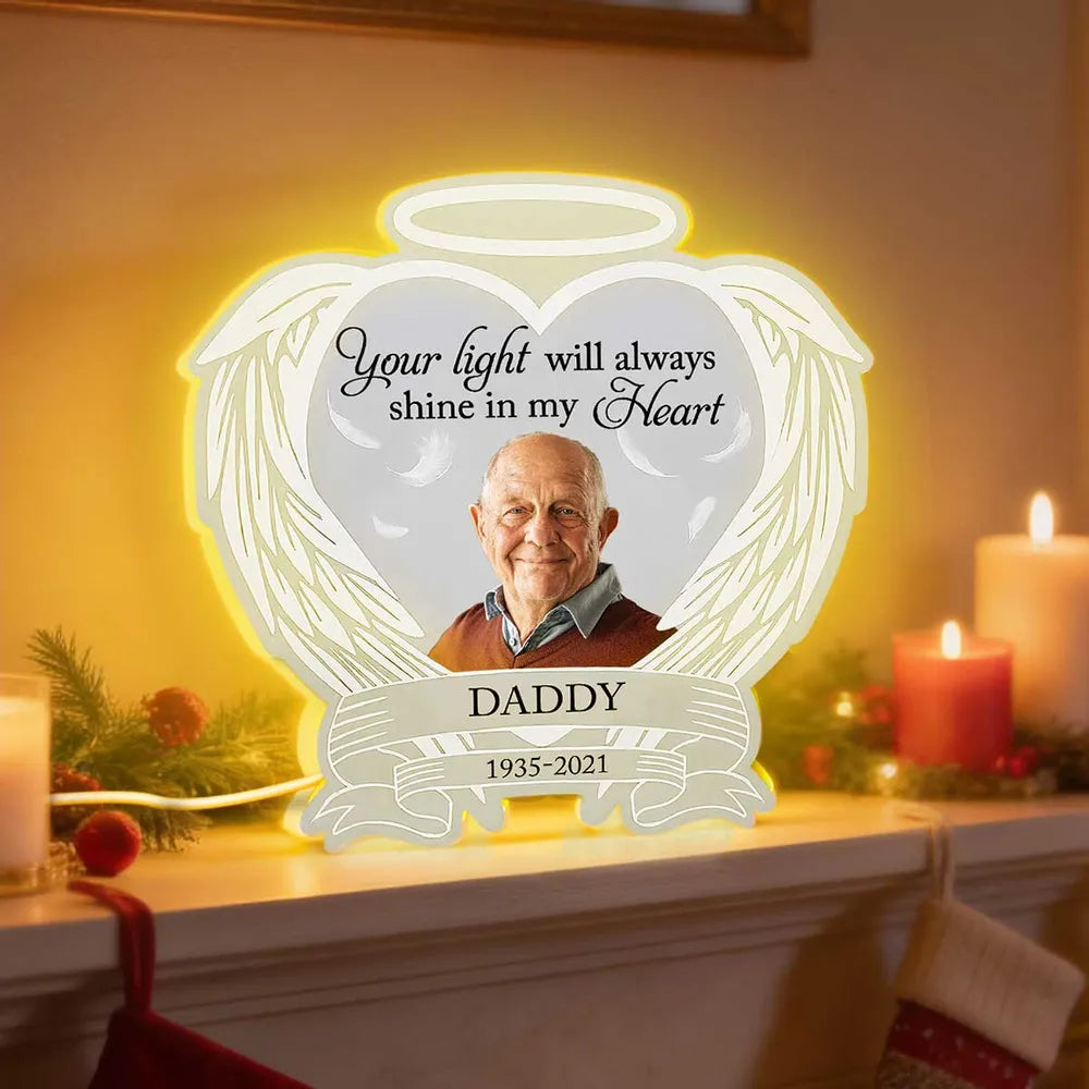 Acrylic Light Box Remembrance Lamp with Angel Wings Heart Design, Warm Glow Tribute, Unique Sympathy Gift for Family