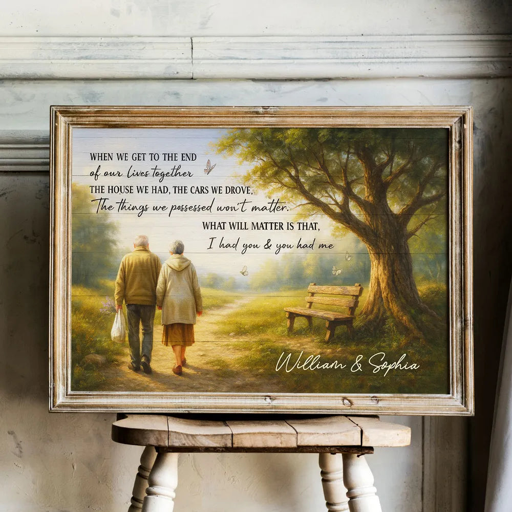 Custom Couple Poster Wall Art – Elderly Pair on Forest Path, Heartfelt Personalized Print, Romantic Keepsake Gift for Lifelong Partners