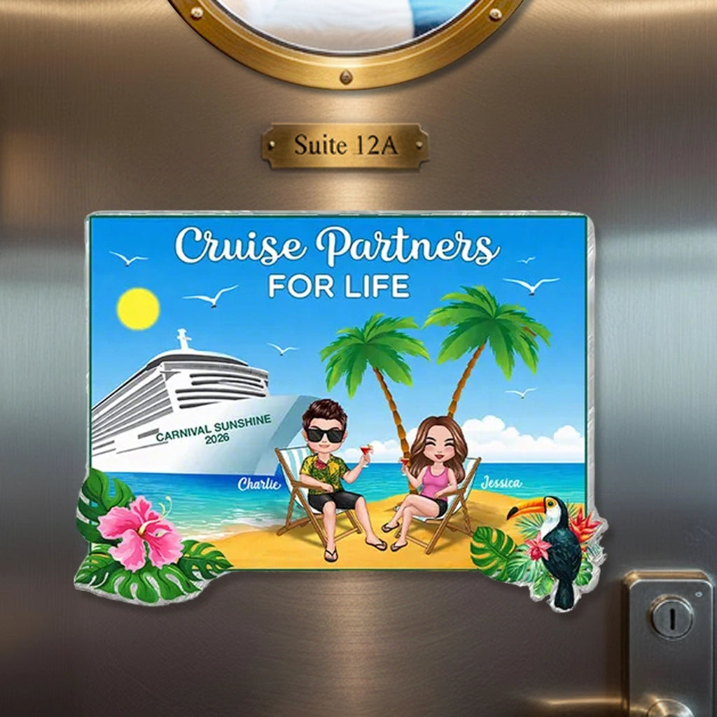 Personalized Cruise Partners For Life Acrylic Magnet, Beach Chair Couple by Cruise Ship, Unique Cruise Door Gift