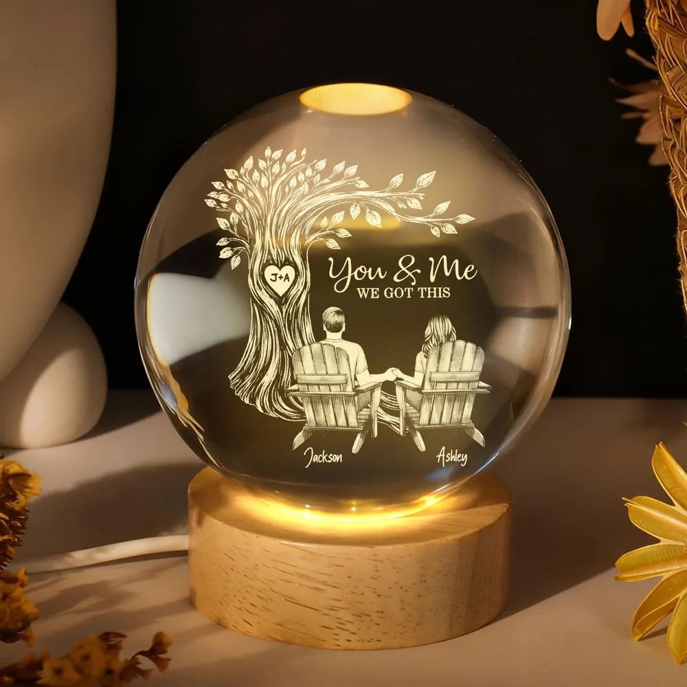 Personalized Globe Lamp with You & Me Couple Under Tree Design - Cozy Romantic Night Glow, Unique Gift for Couples