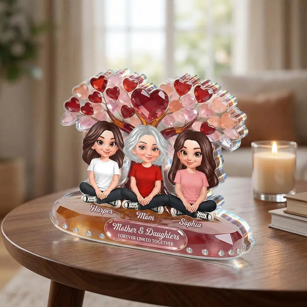 Personalized Shaped Acrylic Block Plaque Mom With Kids Under Heart Tree - Unique Mother's Day Gift, Forever Linked Decor