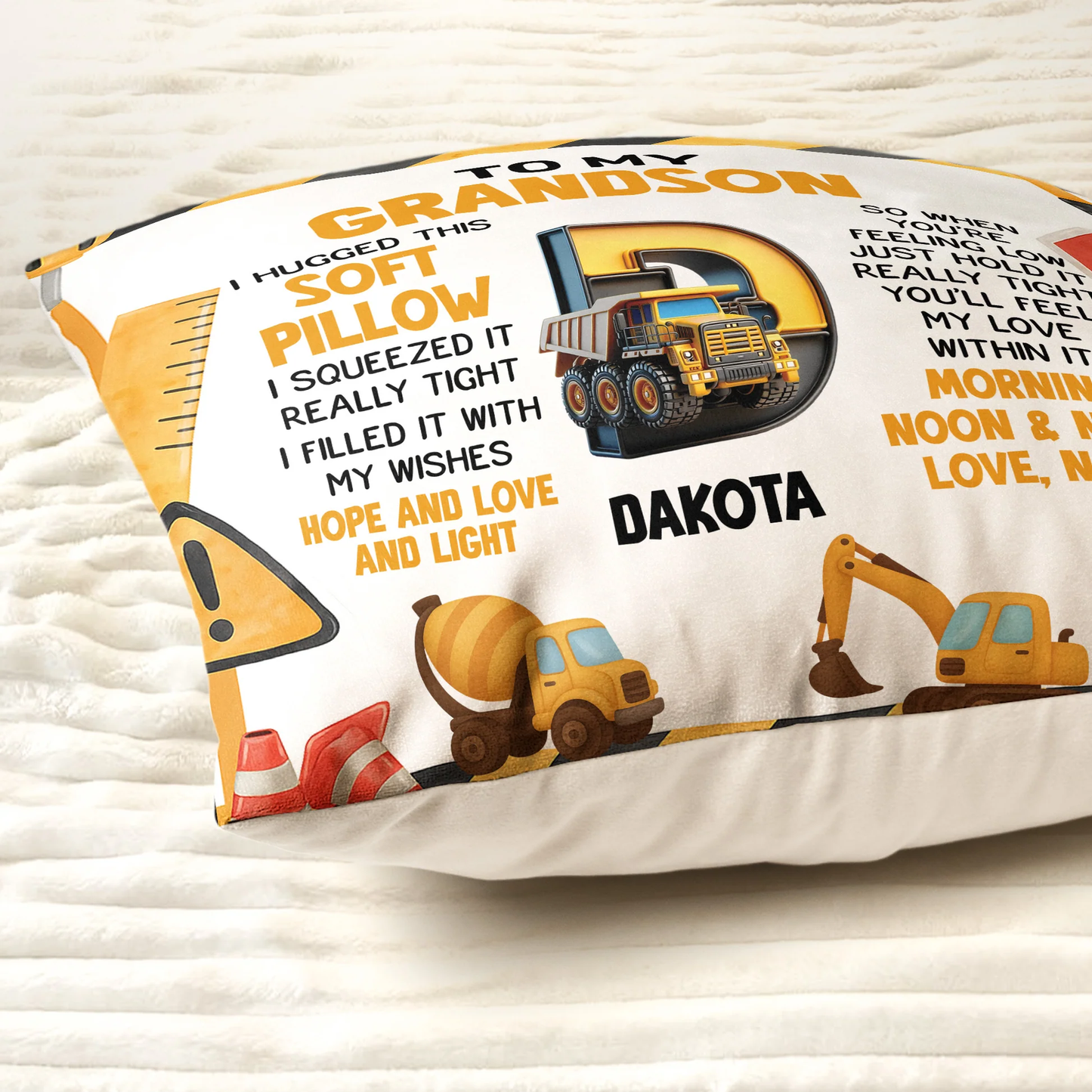 Personalized Construction Theme Square Pillow for Grandson, Cute Truck Initial Design, Unique Gift That Feels Like a Hug