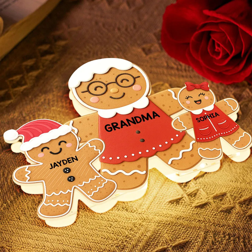 Acrylic Light Box - Gingerbread Grandma & Grandkids, Custom, Christmas Decor, Warm Glow Keepsake, Unique Gift for Grandma
