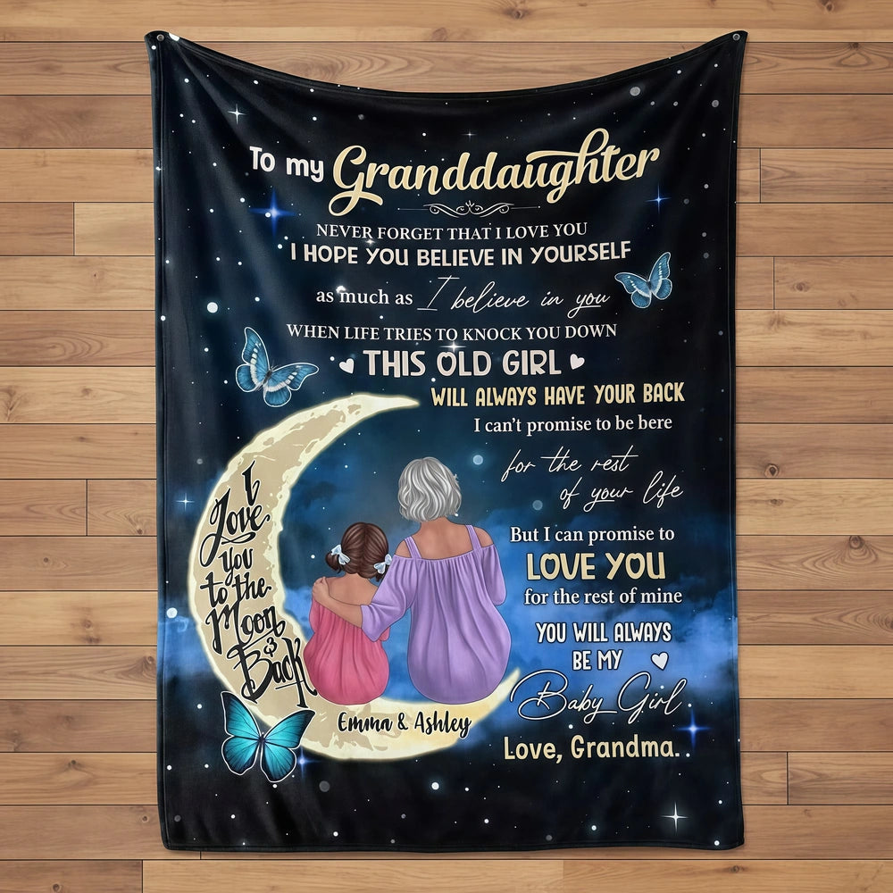 Personalized Fleece Blanket with Grandma and Granddaughter on Moon, Night Sky Throw, Cozy Unique Gift from Grandma