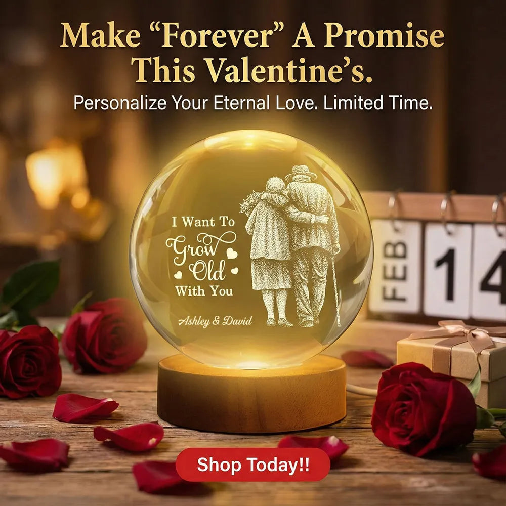 Personalized Crystal Ball LED Night Light With 'I Want To Grow Old With You' Couple Design, Romantic Unique Gift For Wife Or Husband