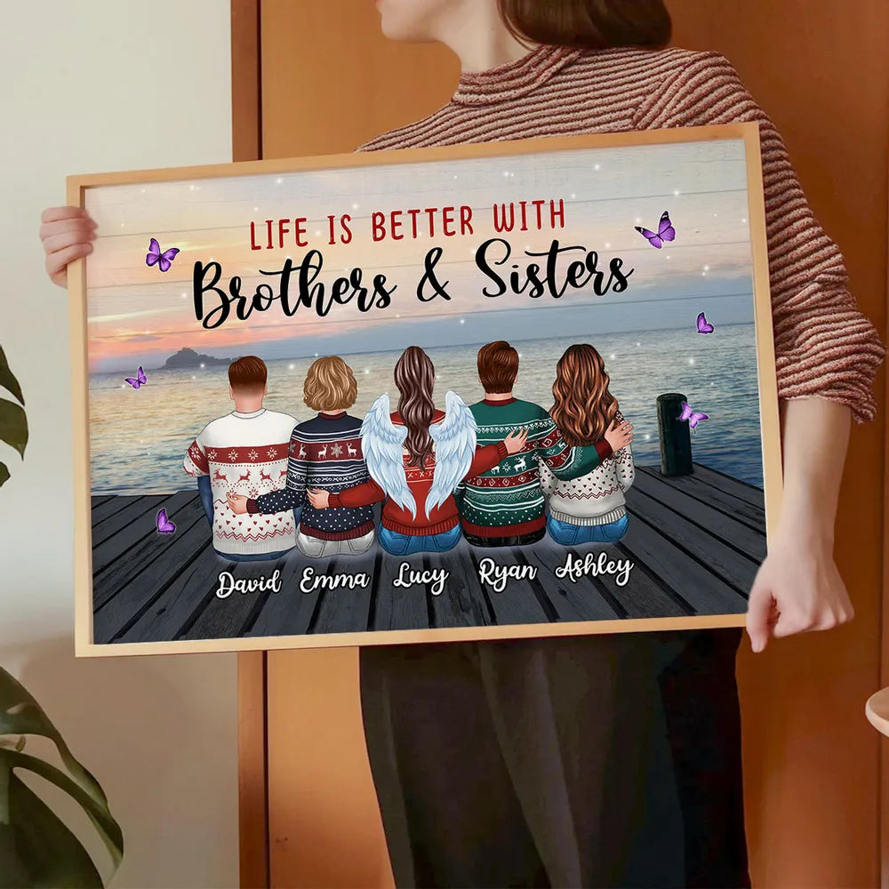Personalized Brothers & Sisters Sunset Dock Poster, Sitting Siblings Wall Art, Unique Gift for Family
