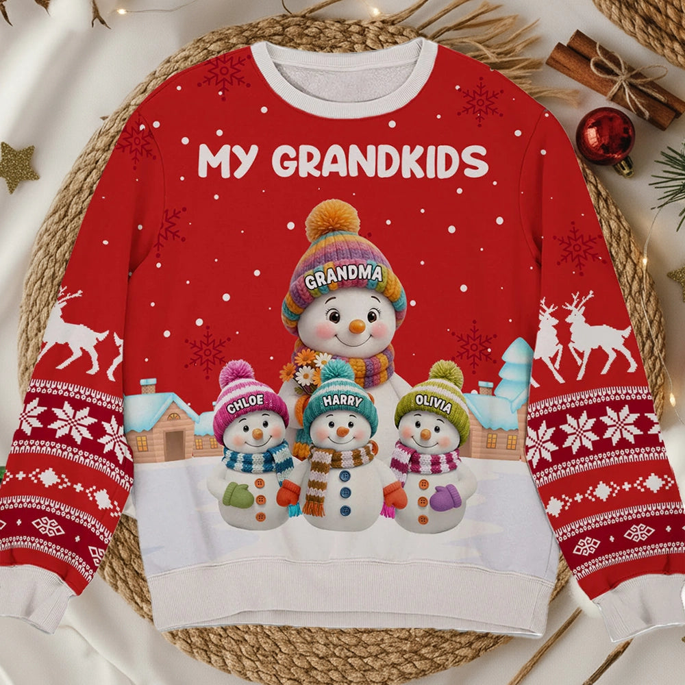 Christmas Sweatshirt for Grandparents, cute snowman family in snowy village, warm and soft, a unique gift for Grandma