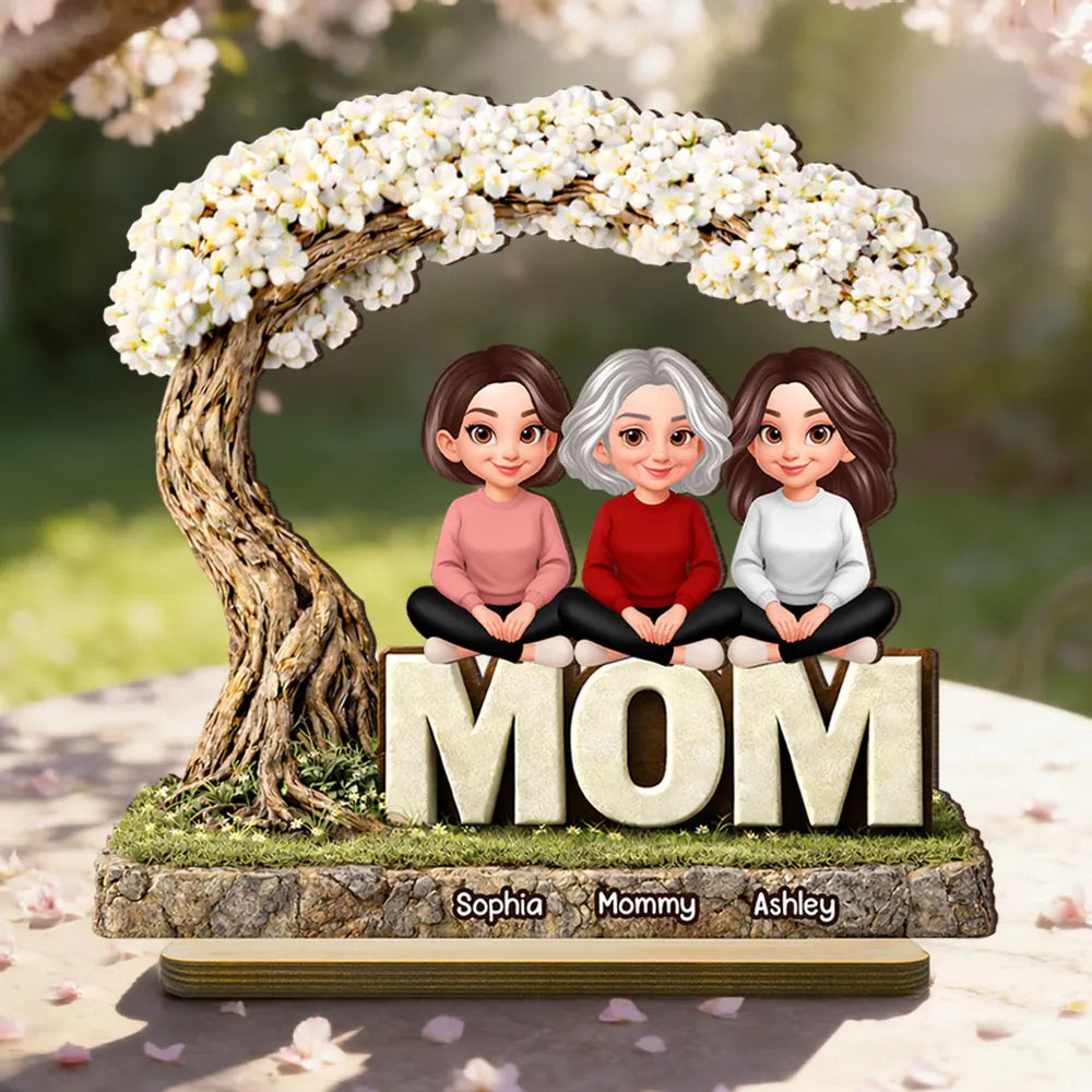 2-Layer Wooden Plaque Personalized Family Scene Under a Flowering Tree, Warm Home Display, Heartfelt Gift for Mom