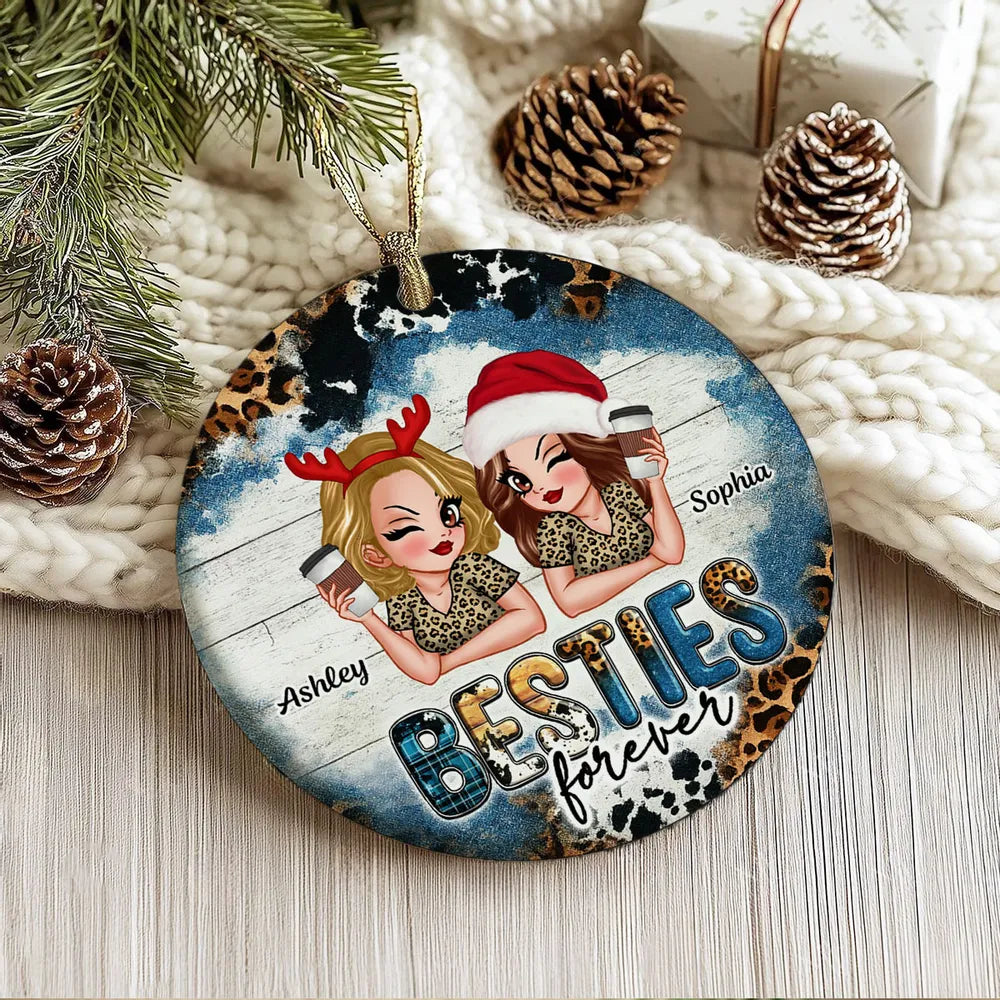 Ceramic Ornament for Best Friends, Custom Illustration Design, Friendship Keepsake, Perfect Gift for Christmas