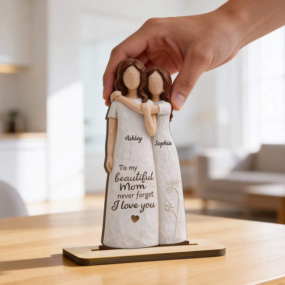 2-Layer Wooden Plaque Personalized for Mom, Sweet Mom and Daughter Hug Decor, Unique Gift With 'Never Forget I Love You'