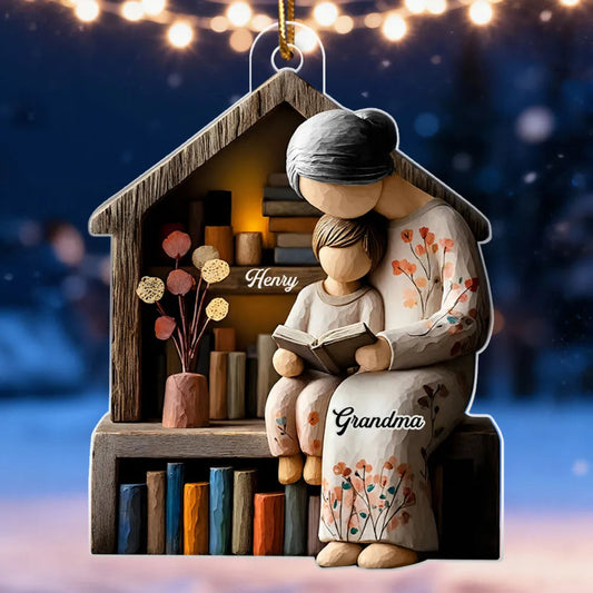 Acrylic Ornament Personalized for Grandma, Sweet Storytime Scene With Books and Warm Lights, Unique Holiday Keepsake Gift