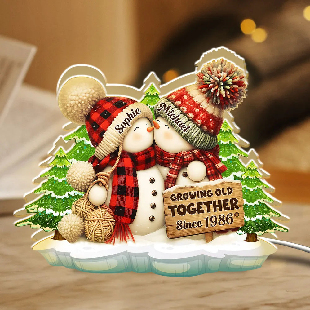Acrylic Light Box, Snowman Couple Hug in Winter Pines, Warm Glow Decor, Growing Old Together, Unique Gift for Couples