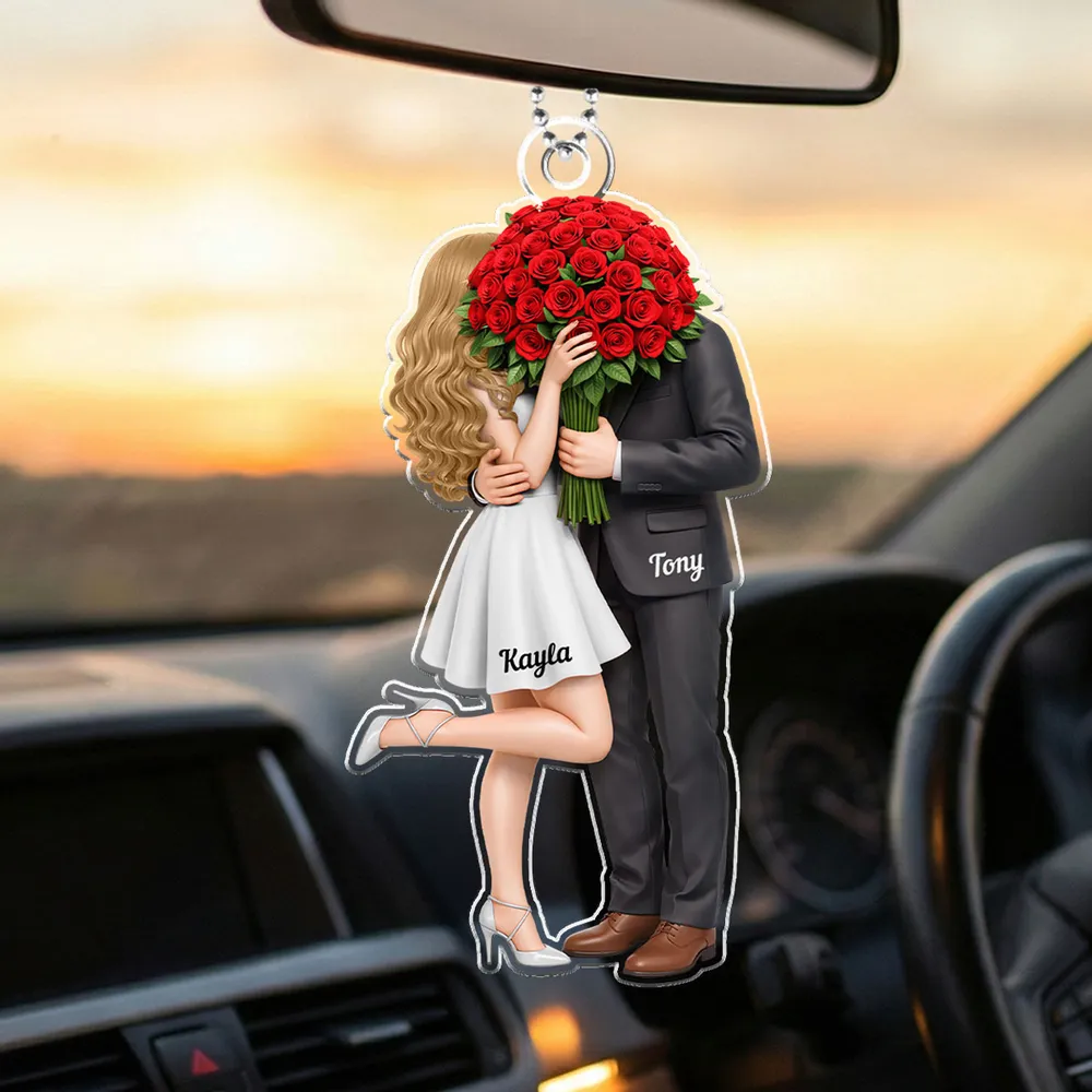 Personalized Acrylic Car Hanger Elegant Couple Hugging with Red Roses, Romantic Rearview Mirror Decor, Unique Gift for Couples