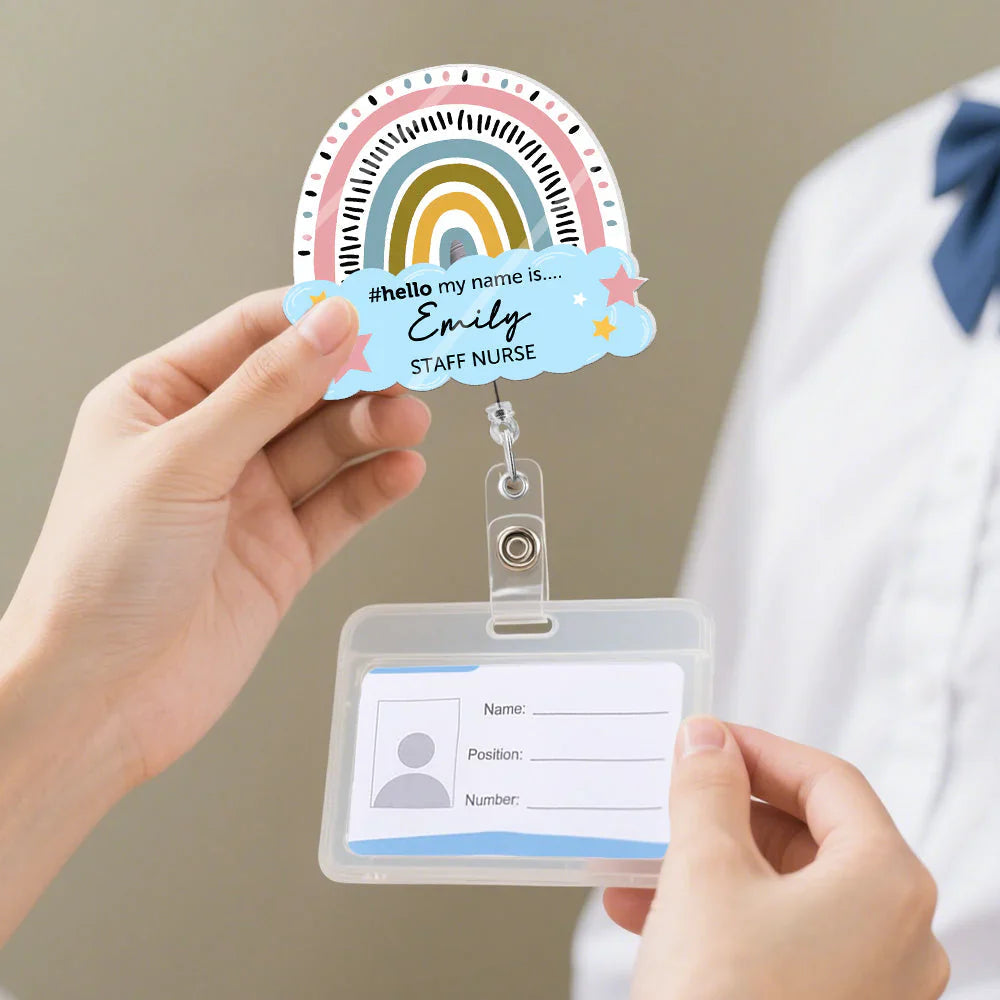 Hello My Name Is Acrylic Badge Reel With Rainbow And Stars - Personalized Nurse Gift For Workdays