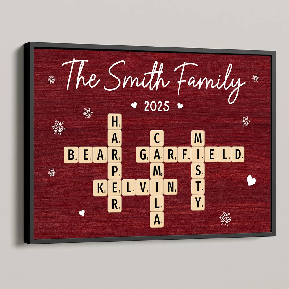 Personalized Family Name Poster with Crossword Tiles, Custom Wall Art for a Cozy Holiday Home, Unique Gift for Loved Ones or Housewarming