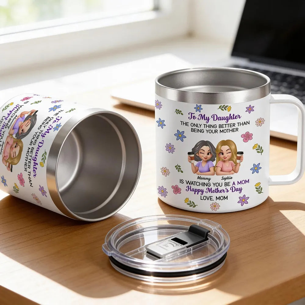 Personalized Mother's Day Stainless Steel Coffee Mug with Floral Mom Daughter Quote, Unique Gift for Daughter