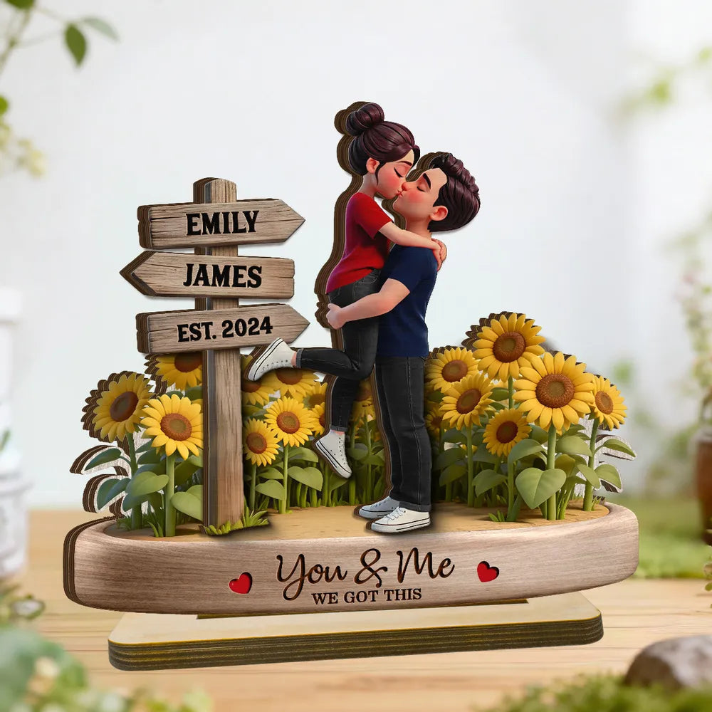 Personalized 2-Layer Wooden Plaque Couple Hugging Kiss in Sunflowers You & Me We Got This Unique Gift for Wife or Husband