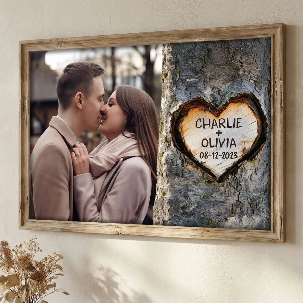 Personalized Couple Kissing Poster with Heart Carved Tree Design Romantic Wall Art, Unique Creative Gift for Him or Her