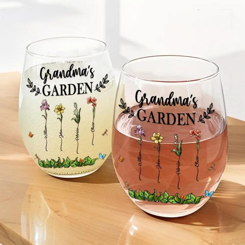 Grandma's Garden Personalized Wine Glass – Custom Floral Design with Loved Ones' Names, Ideal Mother’s Day Gift for Grandmothers, Wine Glass