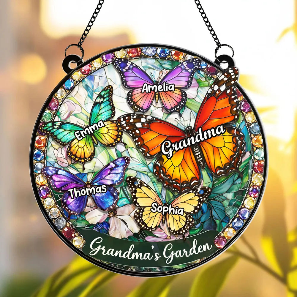 Personalized Butterfly Acrylic Suncatcher Ornament for Grandma's Window, Stained Glass Style Sunlight Reflection, Unique Gift
