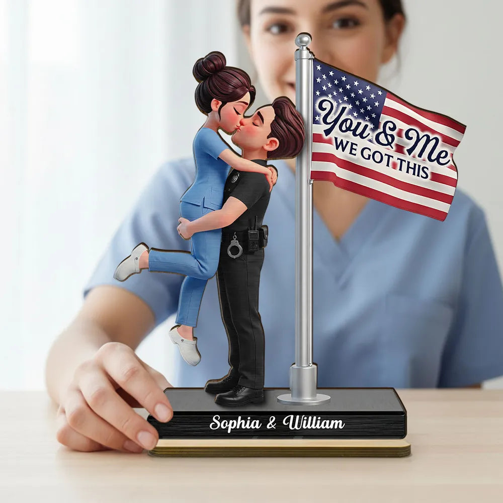 Personalized 2-Layer Wooden Plaque Hero Couple Kissing by US Flag You & Me We Got This Unique Gift for Him or Her