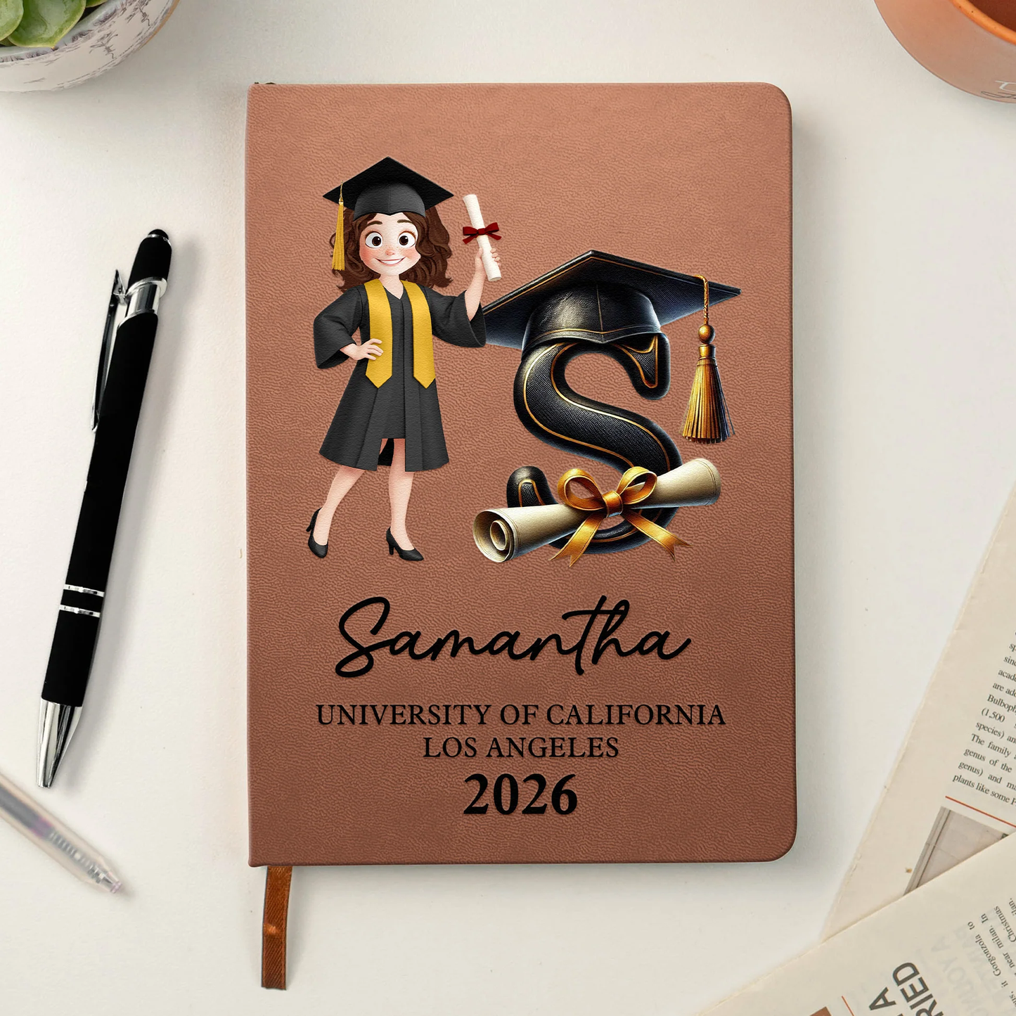 Personalized Graduation Cartoon Leather Journal With Initial, Cap & Diploma, Unique Gift For the Grad
