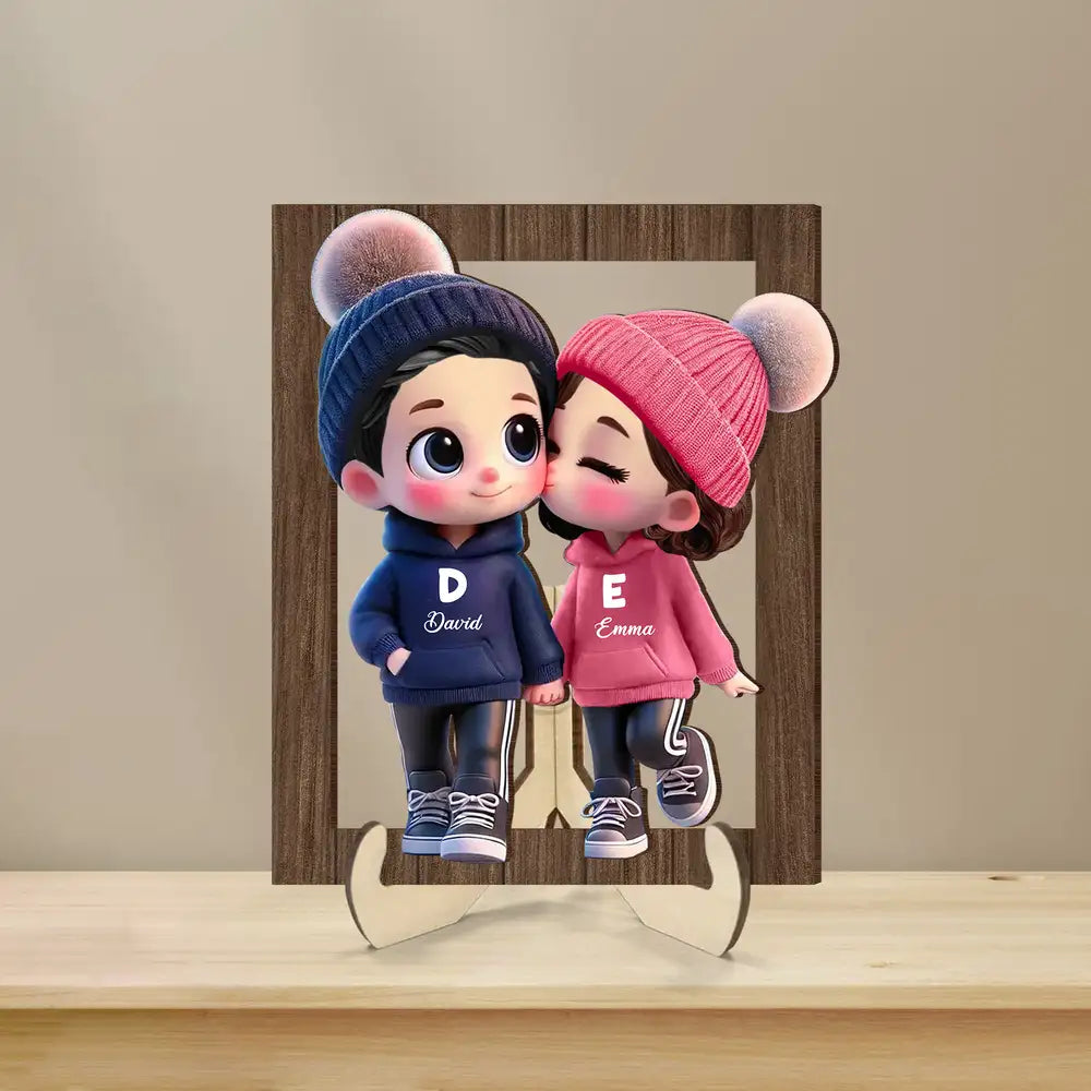 Personalized Couple 2-Layer Wooden Plaque – Custom Cartoon Couple Design with Names, Perfect Gift for Couples