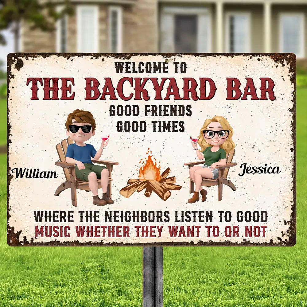 Welcome to The Backyard Bar Rectangular Iron Sign – Personalized Couple's Gift for Home Decor