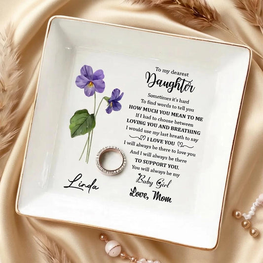 Jewelry Dish for Daughter, Personalized Keepsake Tray with Love Note and Purple Flower, Sweet Gift from Mom