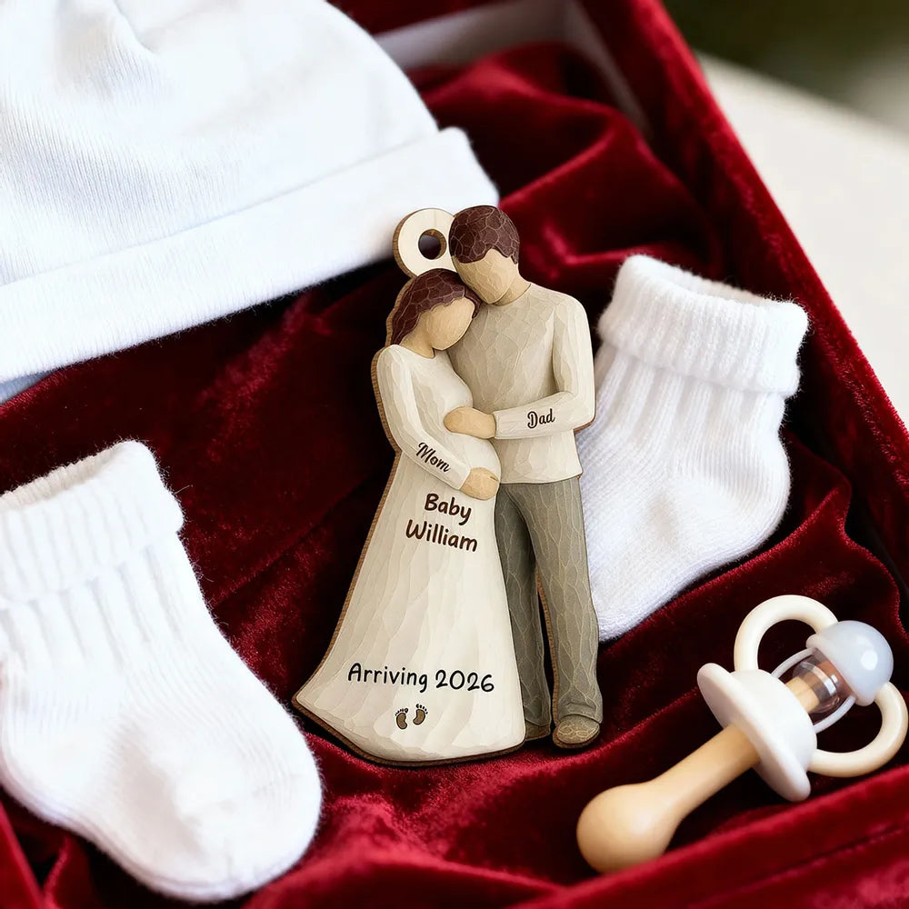 Wooden Ornament Sweet Expecting Family Hug Design, Personalized Nursery Decor Keepsake, Unique Holiday Gift for Parents