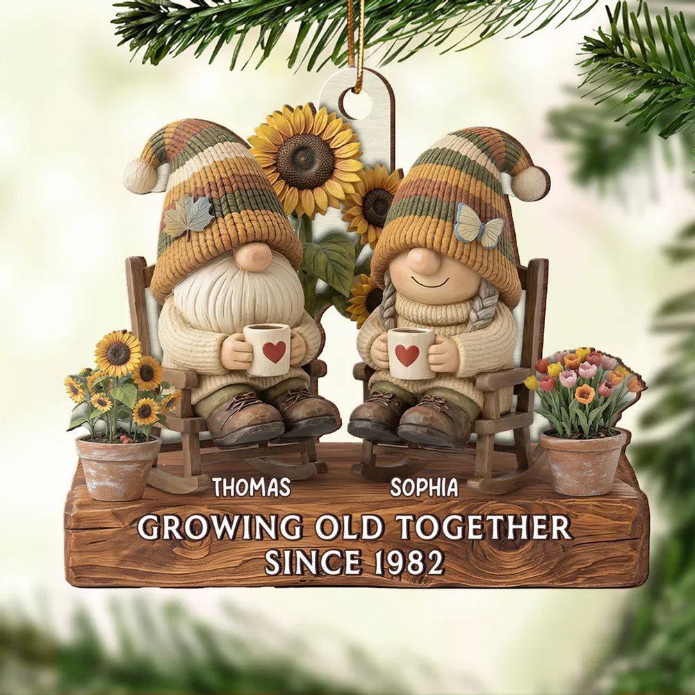 Wooden Ornament Personalized for a Couple, Cute Gnome Rocking Chairs with Sunflowers, Heartwarming Holiday Gift & Decor