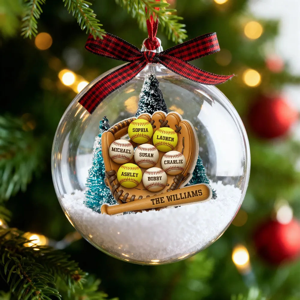 Snow Globe Ornament with Baseball Glove & Softball, Custom Family Keepsake for the Tree, Unique Holiday Gift for Sports Fans