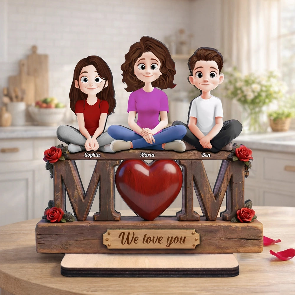 Personalized 2-Layer Wooden Plaque with Custom Cartoon Family and We Love You Message, Unique Gift for Mom