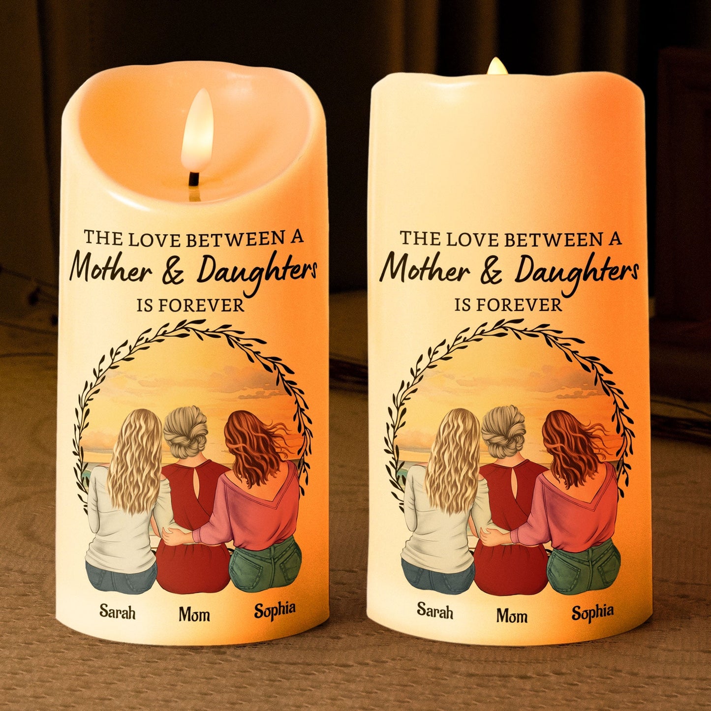 Love Is Forever - Custom Mother‑Daughters Glow Candle, Sunset Back‑View Illustration, Safe Wax‑Like Lamp Gift