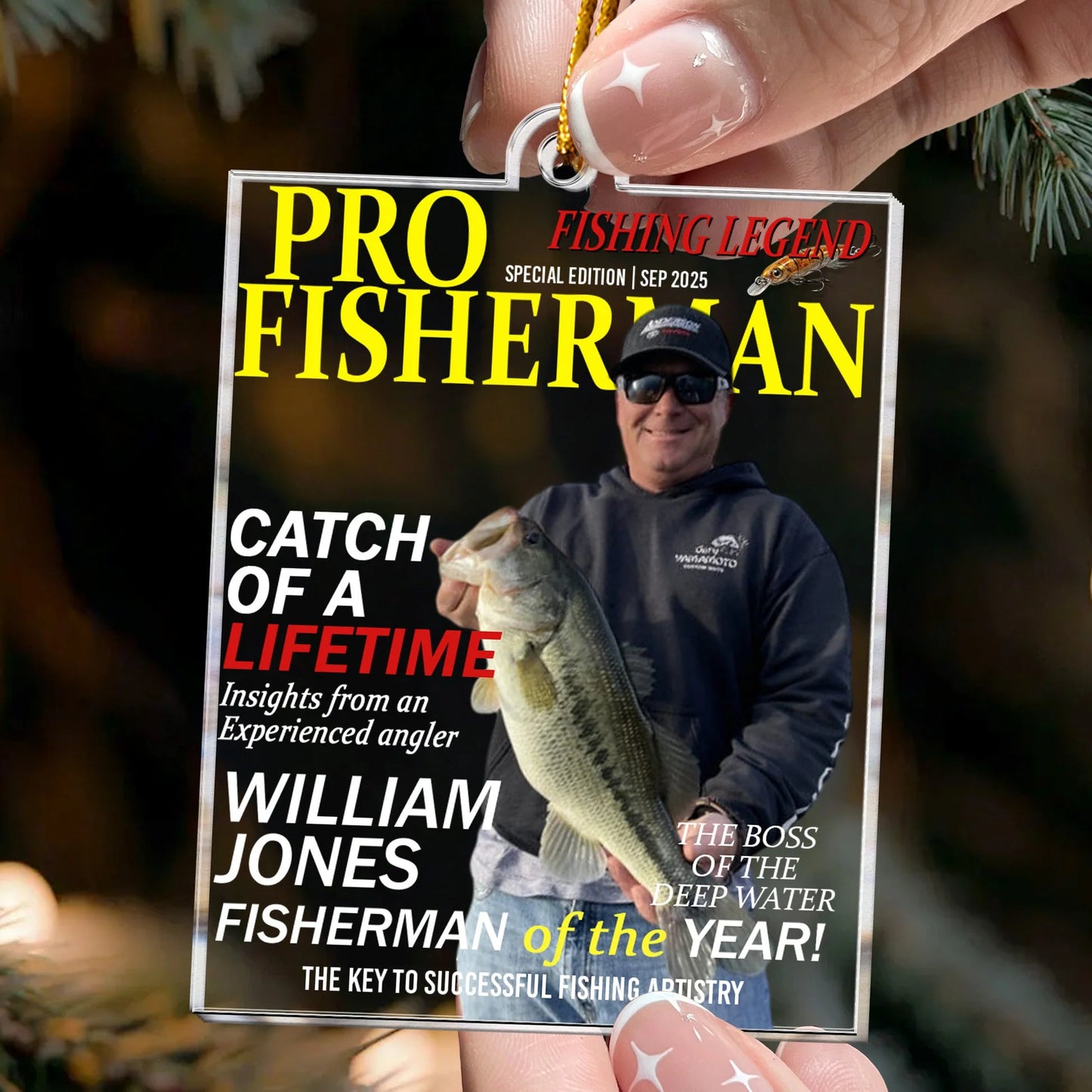 Personalized Acrylic Ornament for Fishing Legend – Pro Fisherman Magazine Style, Unique Gift for Anglers & Holiday Decor